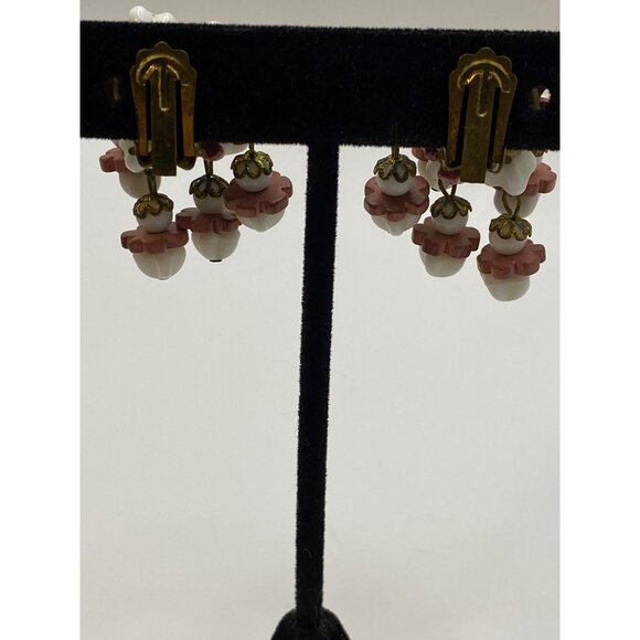 Vintage West Germany Clip-On Earrings W/ White & Red Bead Dangle Flowers Brass A - Picture 4 of 9